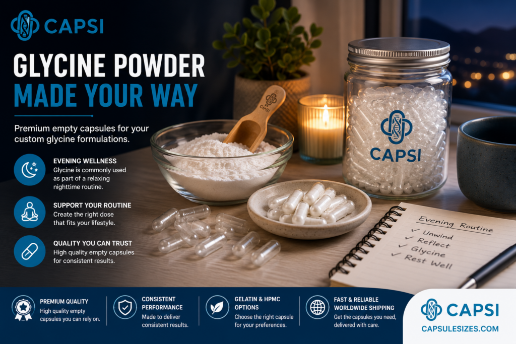 Glycine powder and empty capsules in an evening wellness setting