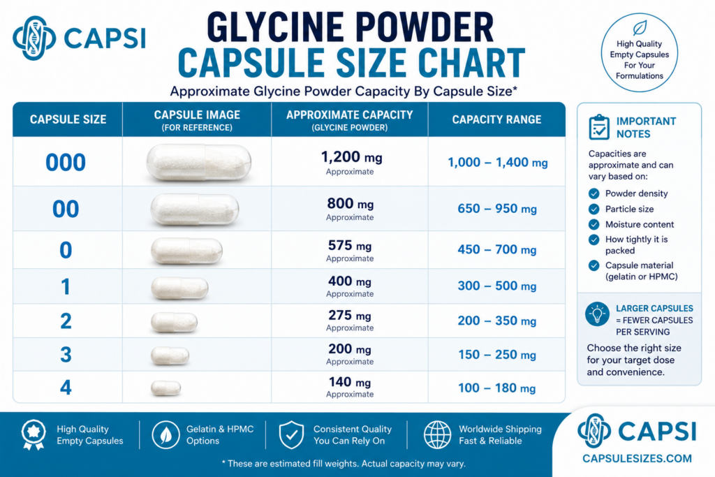 Glycine powder capsule size chart showing approximate capsule capacities