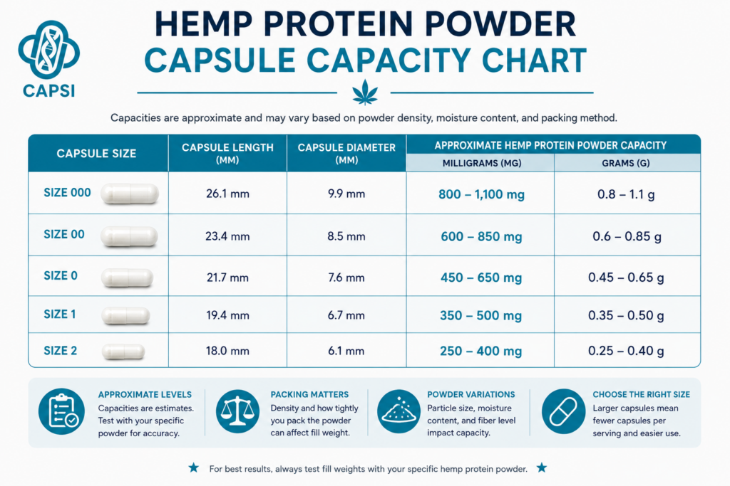 Hemp protein powder capsule capacity chart sizes 000 to 2