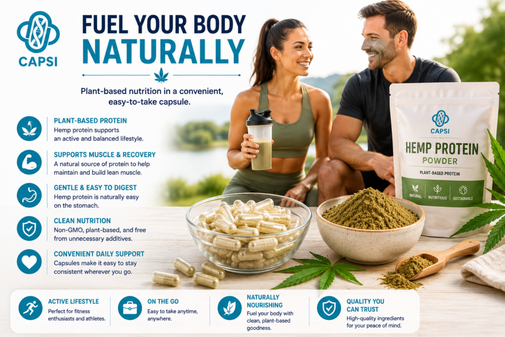 Hemp protein powder capsules healthy lifestyle concept