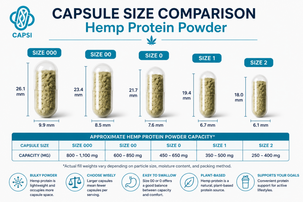 Hemp protein powder capsule size comparison chart