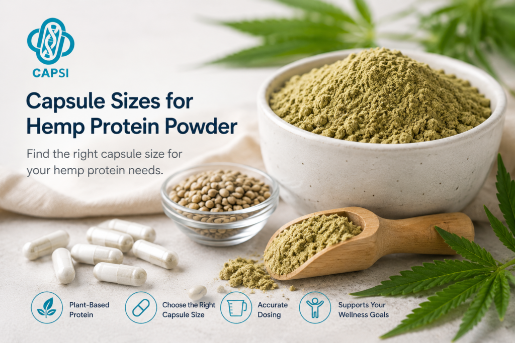 Capsule sizes for hemp protein powder with CAPSI capsules