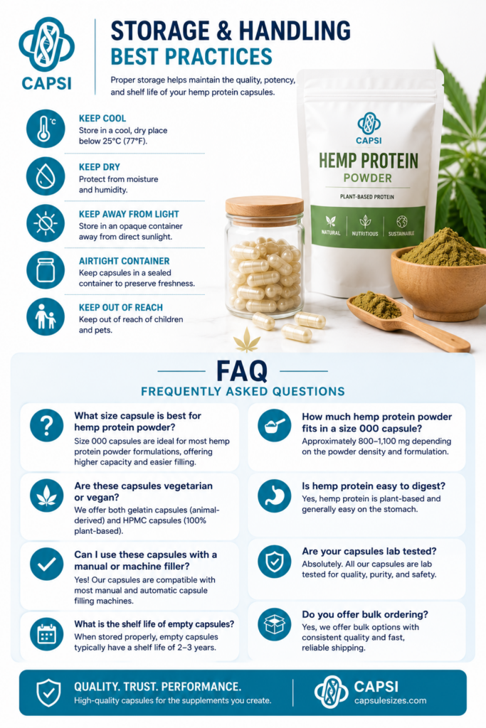 Hemp protein capsule storage and FAQ guide