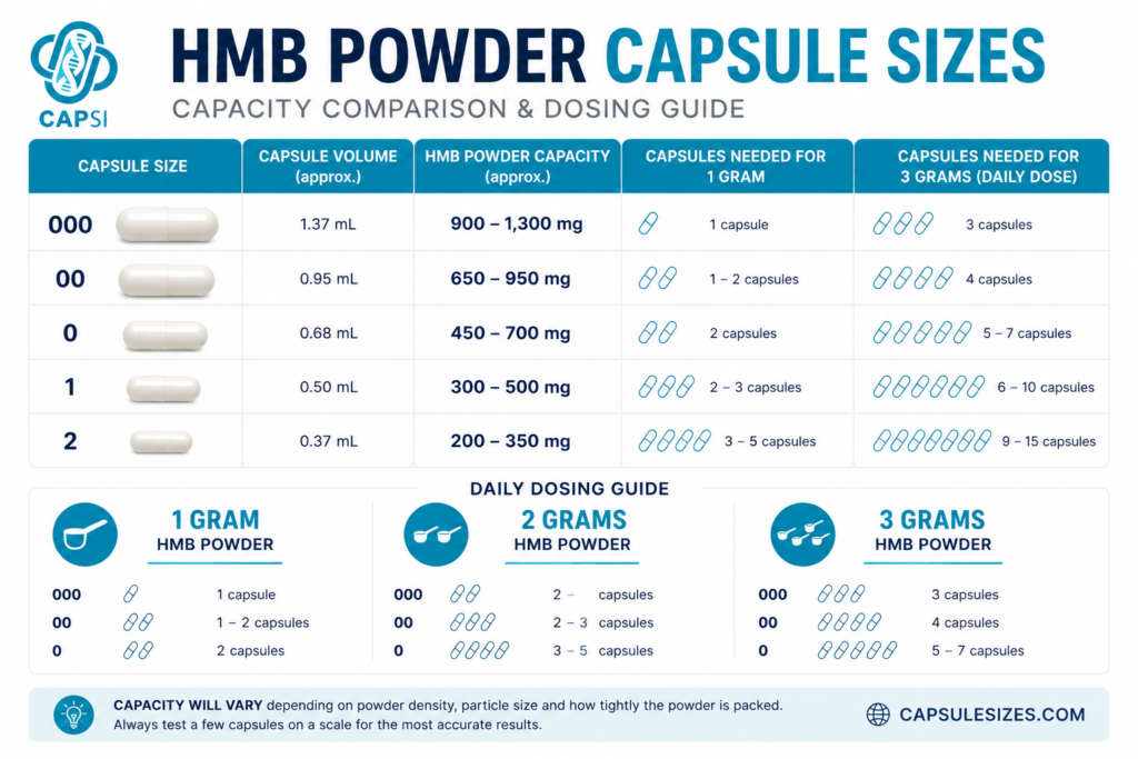 HMB powder capsule capacity and dosing chart for capsule sizes 000, 00, 0, 1 and 2