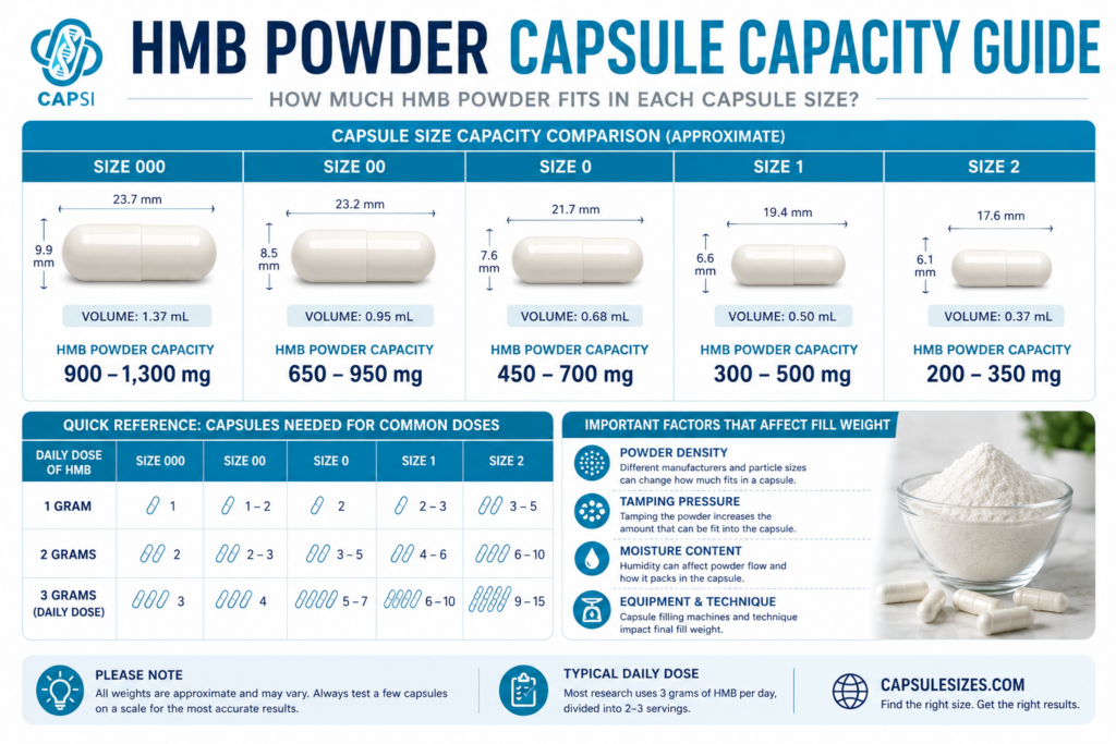HMB powder capsule capacity guide showing fill weights for different capsule sizes
