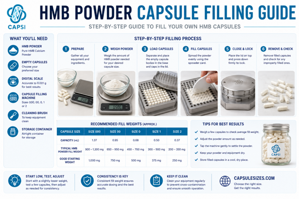 HMB powder capsule filling guide with equipment and filling instructions