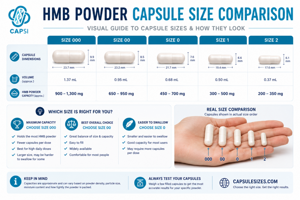 Visual comparison of HMB powder capsule sizes from 000 to size 2