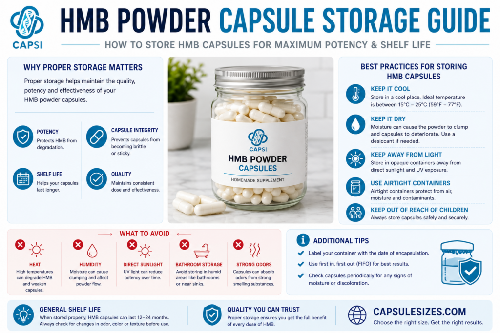 HMB powder capsule storage guide explaining how to maintain potency and shelf life