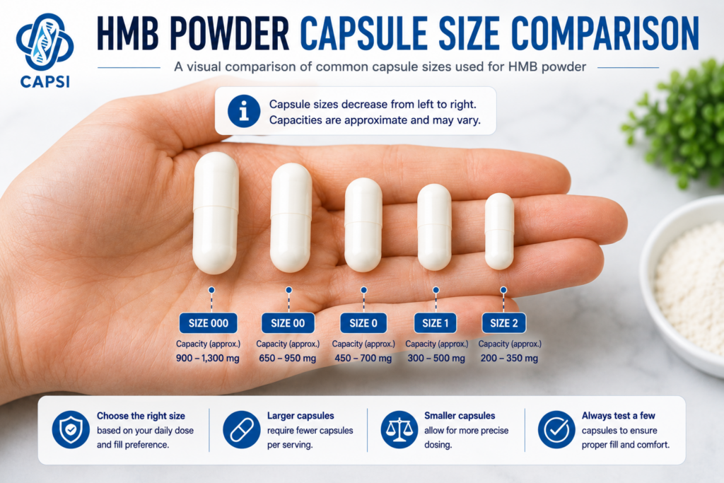 HMB powder capsules shown in hand for real size comparison