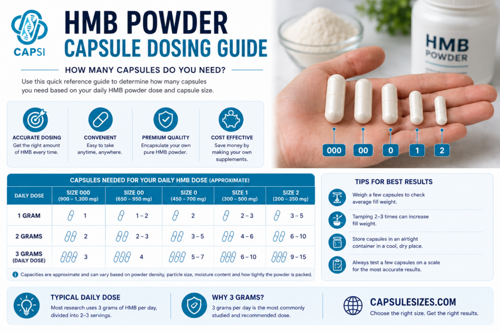 HMB powder dosing guide showing how many capsules are needed per daily serving