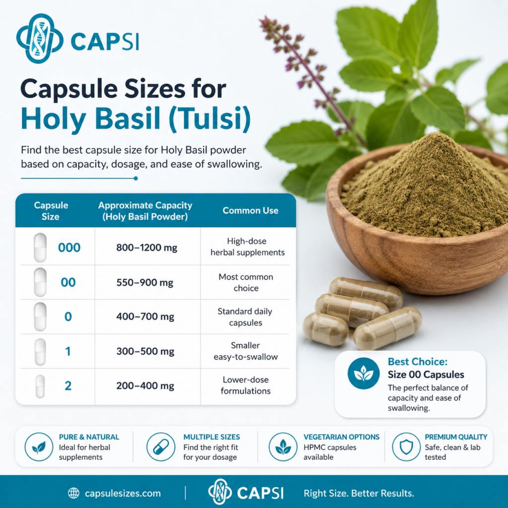 Holy Basil Tulsi powder capsule size guide