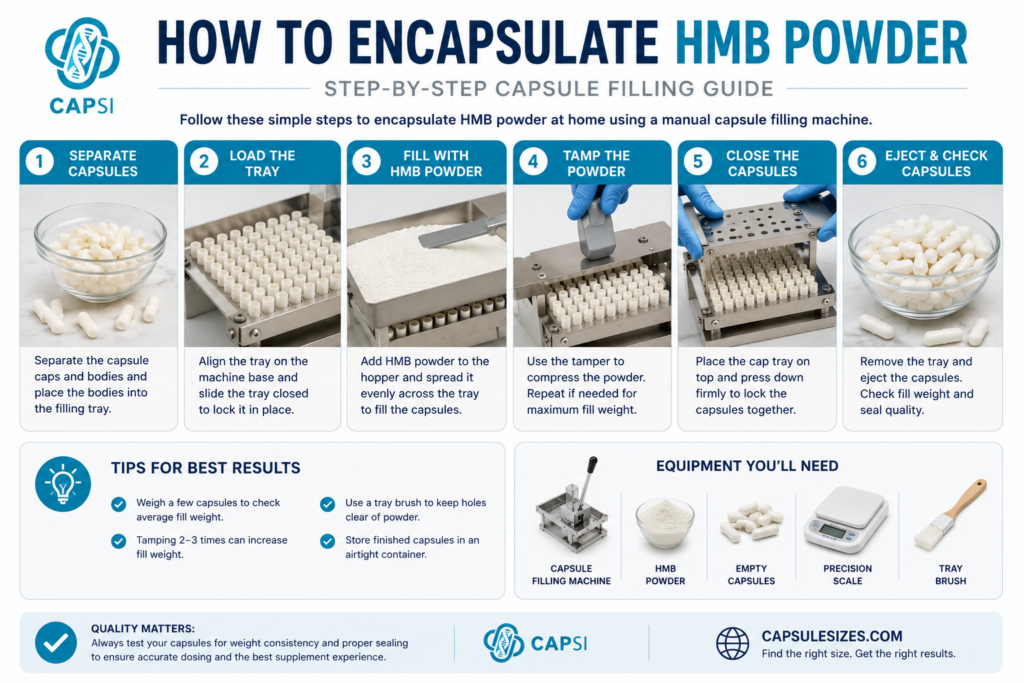 Step-by-step guide showing how to encapsulate HMB powder using empty capsules