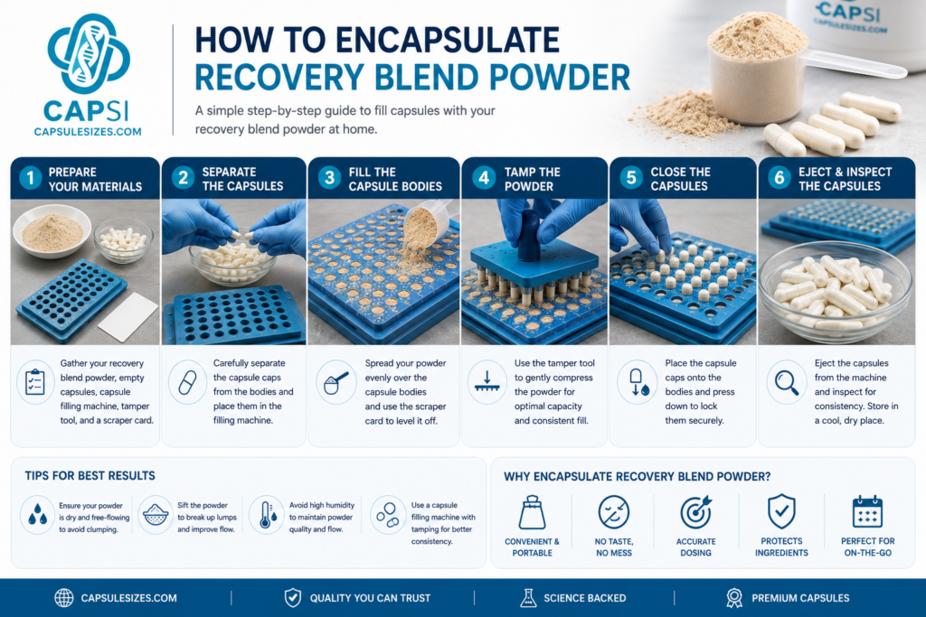 Step by step guide showing how to encapsulate recovery blend powder using empty capsules and a capsule filling machine