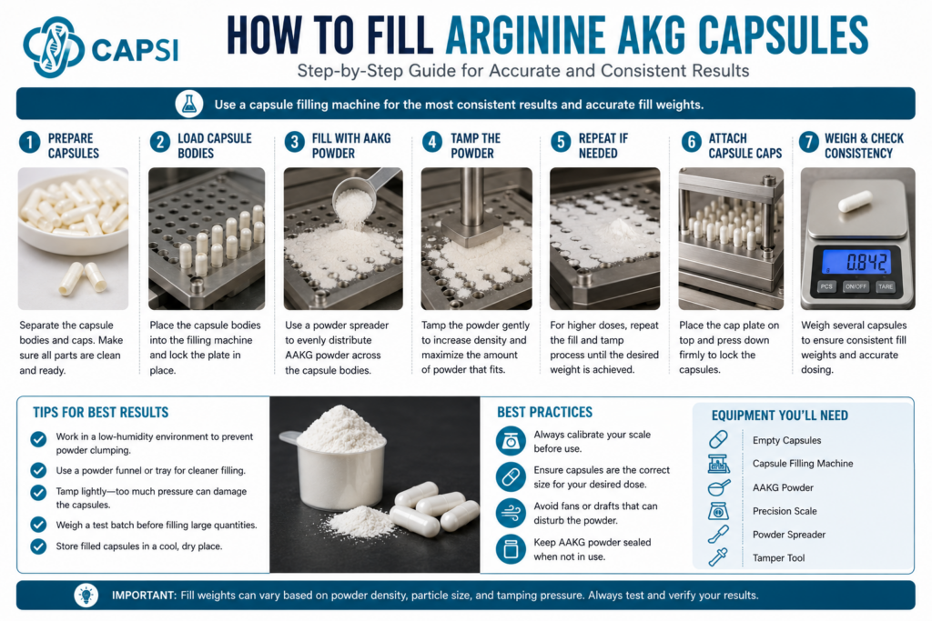 Step-by-step guide showing how to fill Arginine AKG capsules