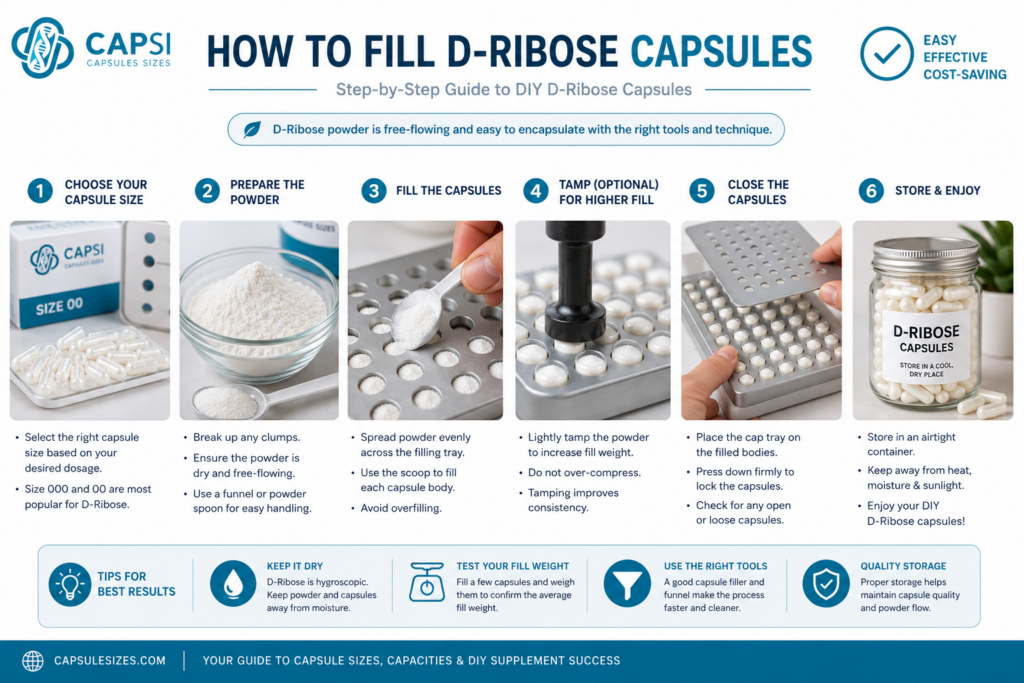 Step-by-step guide showing how to fill D-Ribose capsules at home