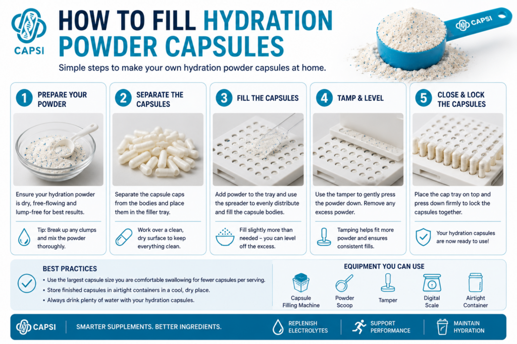 Step-by-step guide showing how to fill empty capsules with hydration powder.