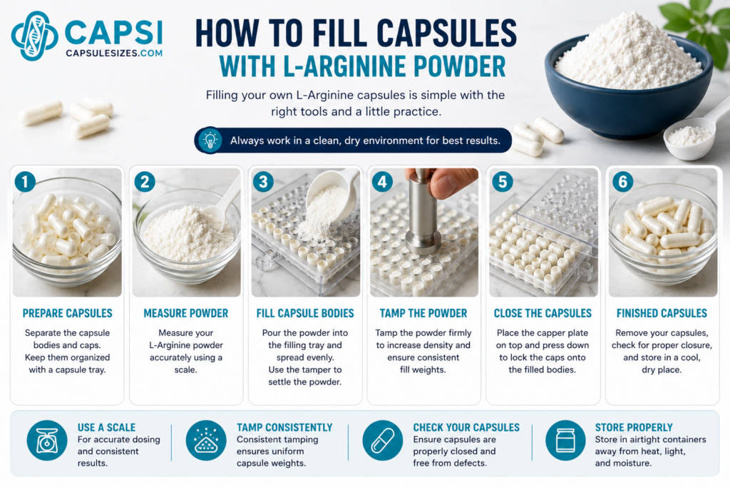 How to fill capsules with L-Arginine powder step by step
