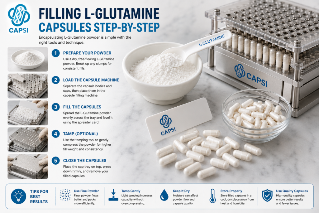 Step-by-step guide to filling L-Glutamine capsules with powder