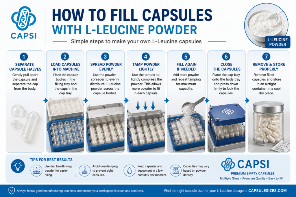 Step-by-step guide showing how to fill capsules with L-Leucine powder