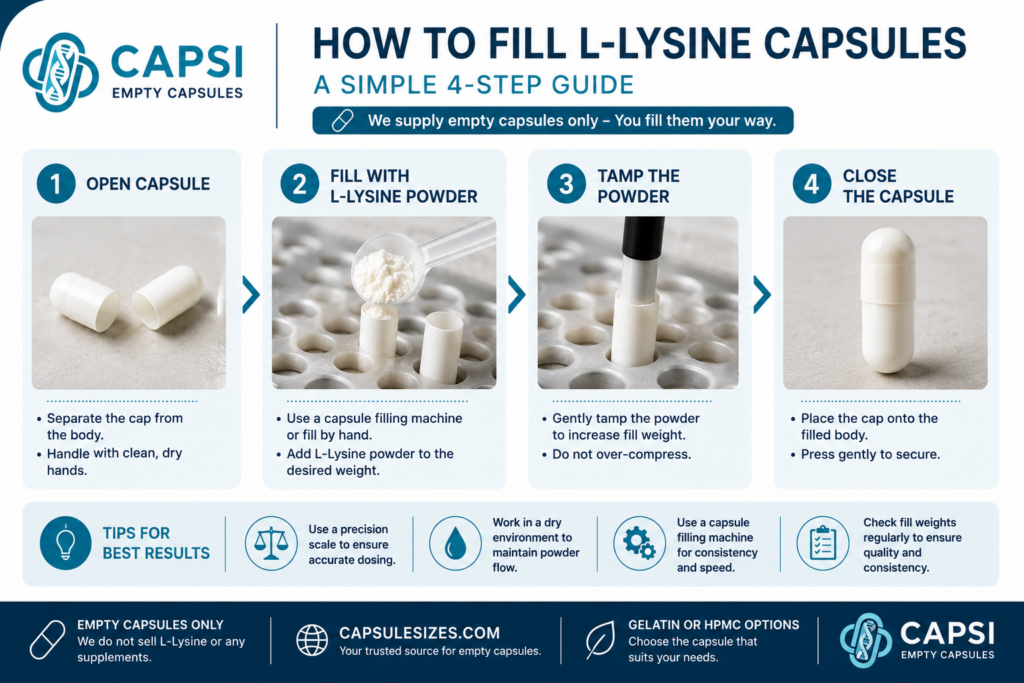 Step-by-step guide showing how to fill empty capsules with L-Lysine powder