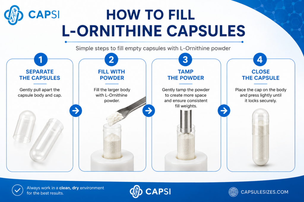 Step by step guide showing how to fill empty capsules with L-Ornithine powder