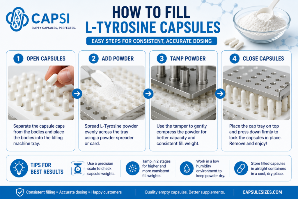 Step-by-step guide showing how to fill L-Tyrosine capsules using a capsule filling machine