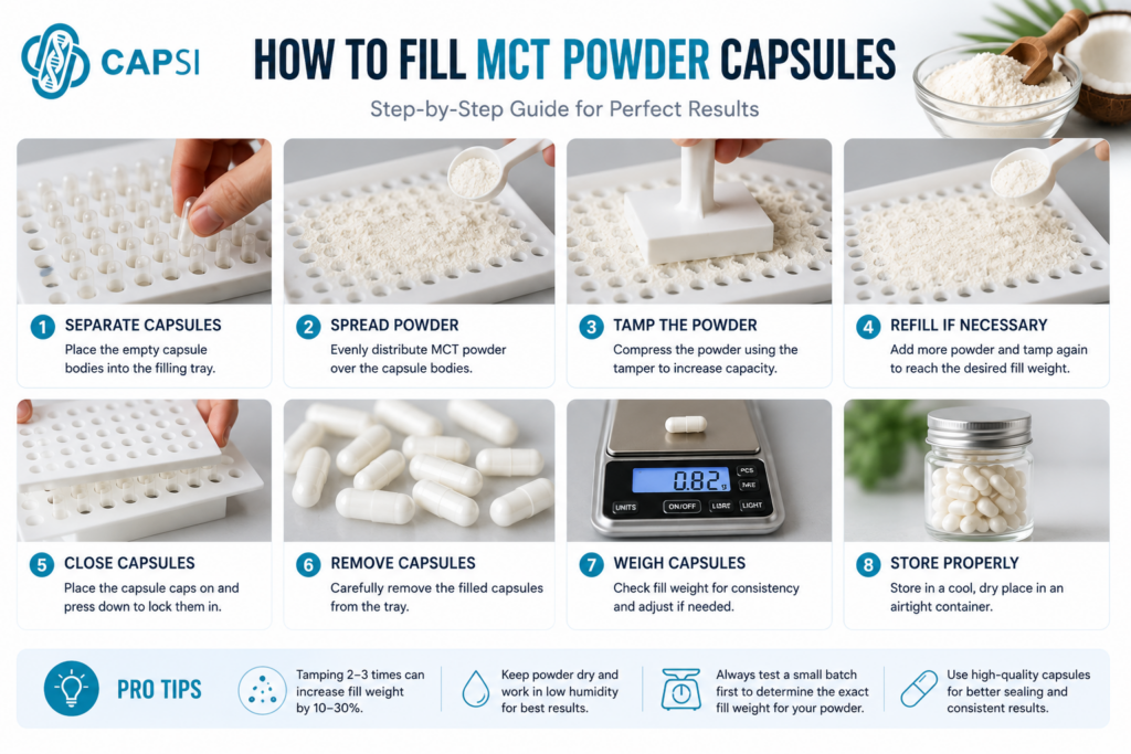 Step-by-step guide showing how to fill MCT powder capsules using empty capsules