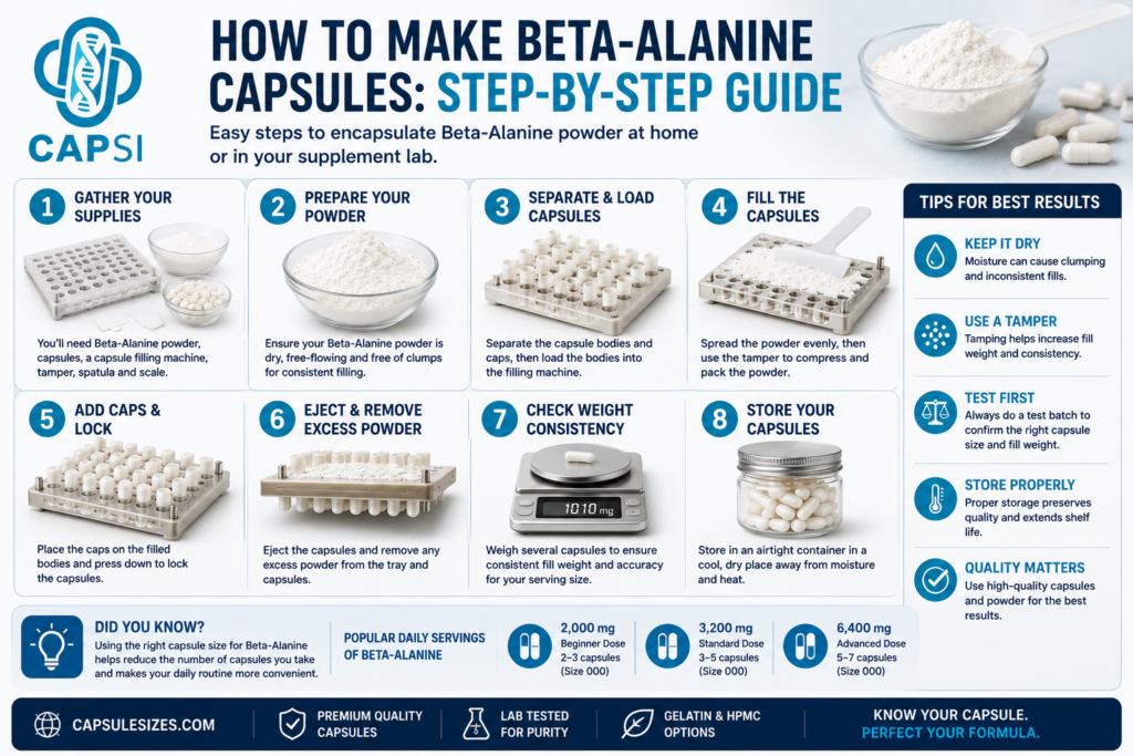 Step-by-step guide showing how to make beta-alanine capsules at home