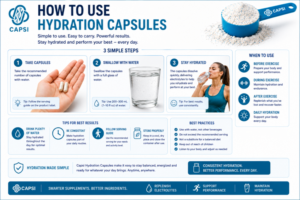 Guide explaining how to use hydration capsules for electrolyte support and daily hydration.