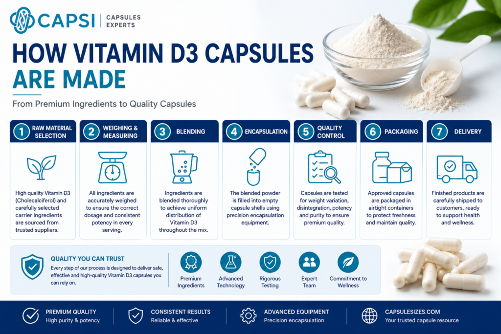 Vitamin D3 capsule manufacturing process from powder blending to encapsulation and packaging