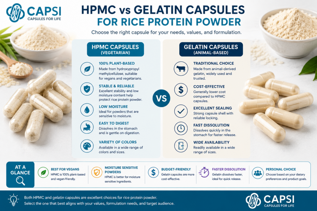 HPMC vs gelatin capsules for rice protein powder supplements
