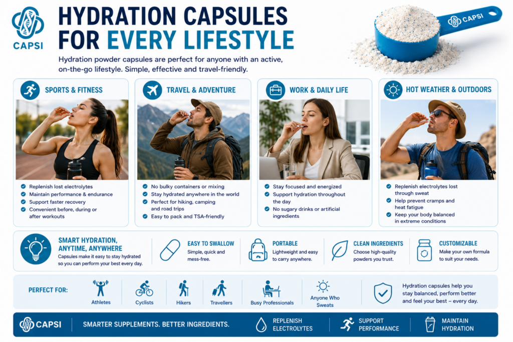 Hydration capsules used for sports, travel, outdoor activities and everyday hydration support.