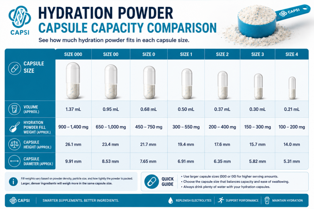 Hydration powder capsule capacity comparison chart showing fill weights for different capsule sizes.