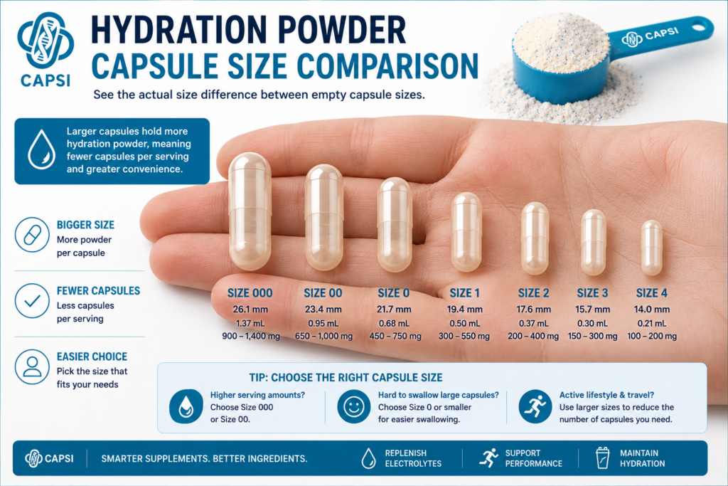 Different capsule sizes displayed in hand showing hydration powder capsule size differences.