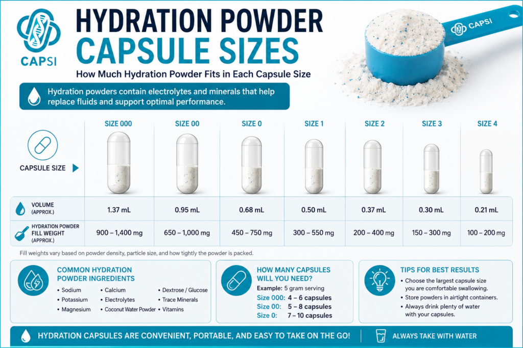 Hydration powder capsule sizes infographic showing capsule capacities from size 000 to size 4.