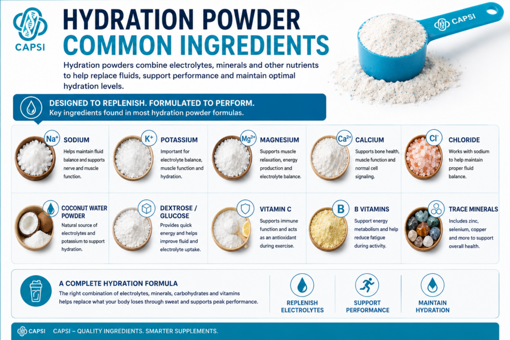 Common hydration powder ingredients including sodium, potassium, magnesium, calcium and electrolytes.