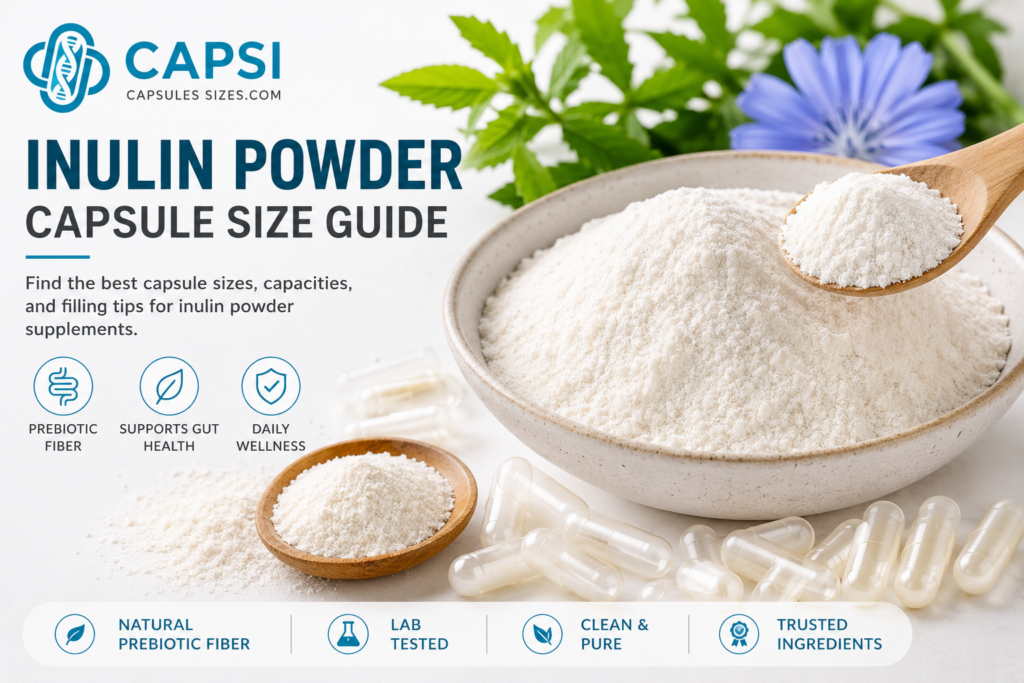 Inulin powder capsule size guide with empty capsules and prebiotic fiber