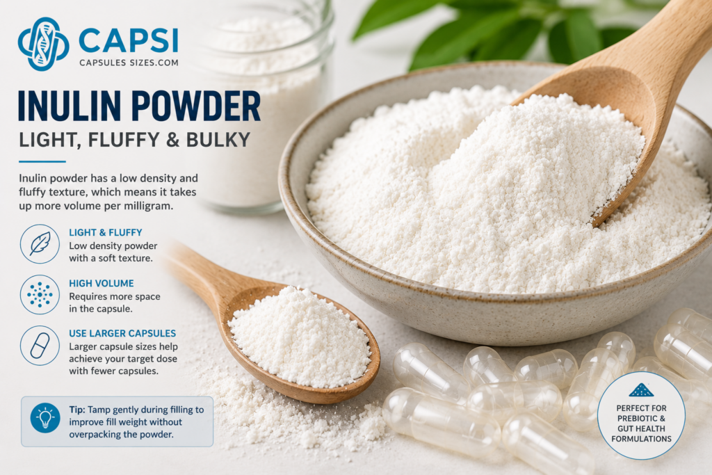 Close-up of fluffy inulin powder texture for capsule filling