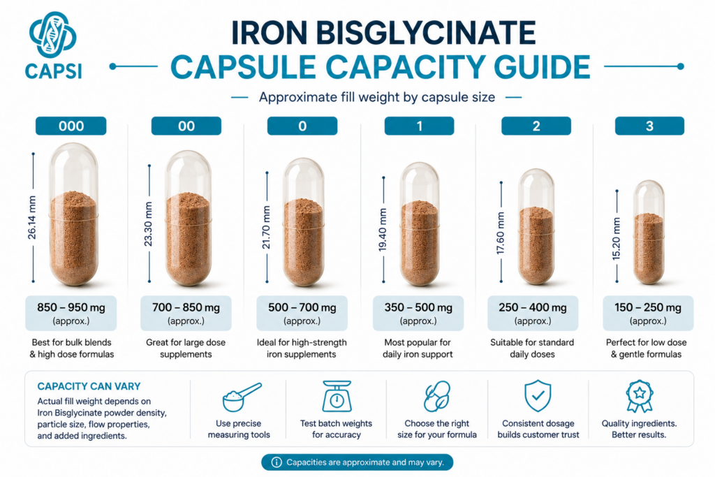 Iron Bisglycinate capsule capacity guide for different capsule sizes