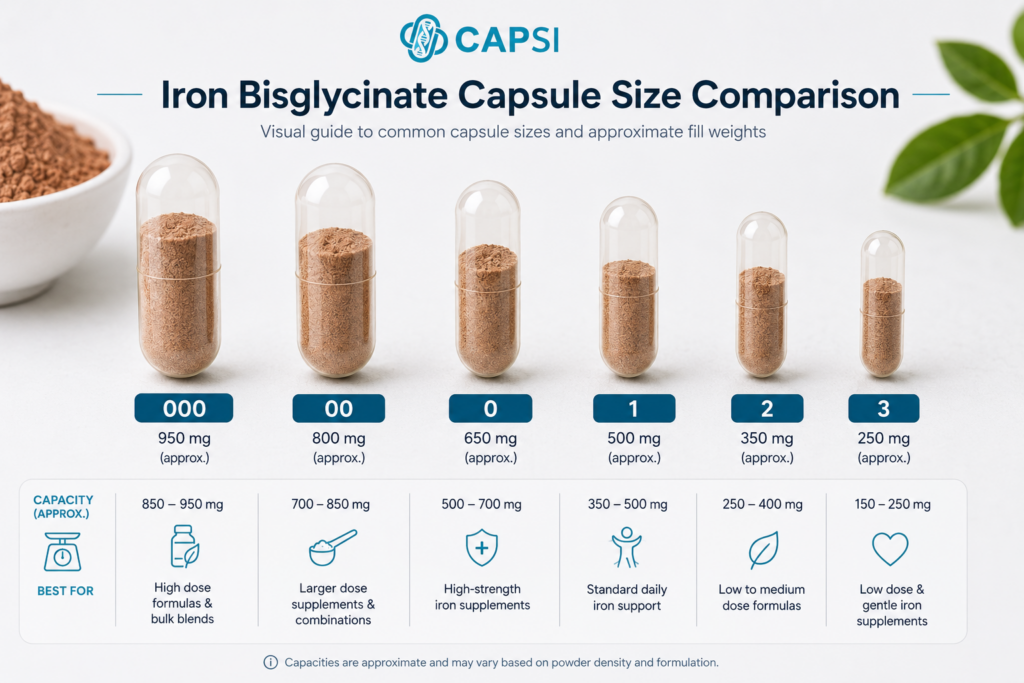 Different empty capsule sizes used for Iron Bisglycinate supplements