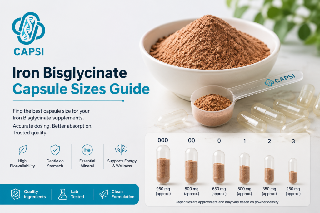 Iron Bisglycinate powder with empty capsules and capsule size guide branding