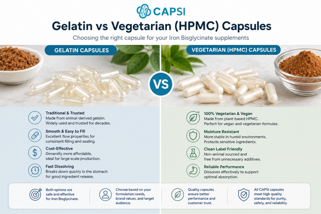 Gelatin and vegetarian HPMC capsules for Iron Bisglycinate supplements