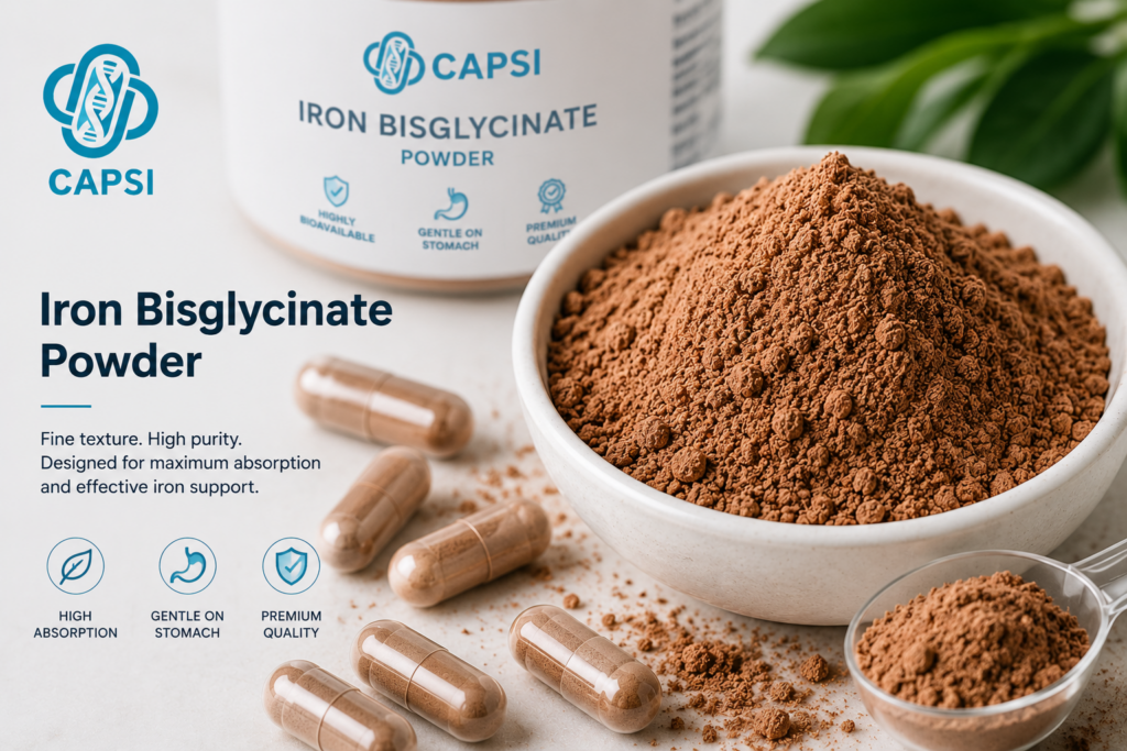 Close-up of Iron Bisglycinate supplement powder texture