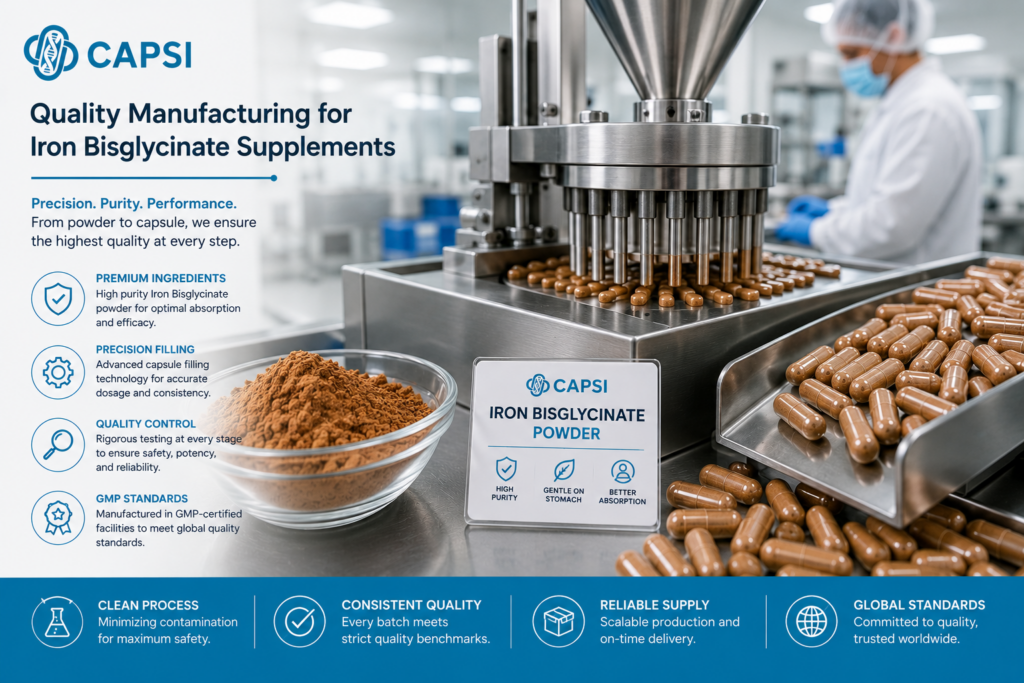 Iron Bisglycinate capsules during supplement manufacturing process
