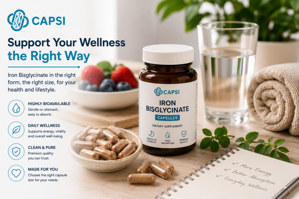 Iron Bisglycinate supplement lifestyle wellness scene with capsules