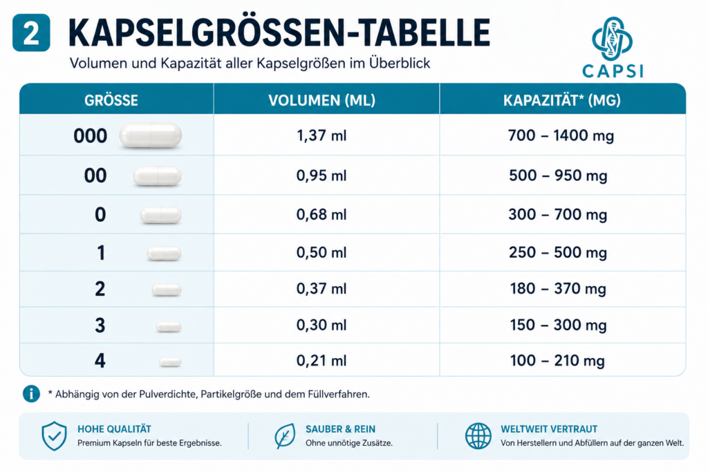 Kapselgrößen-Tabelle mit Volumen und Kapazität