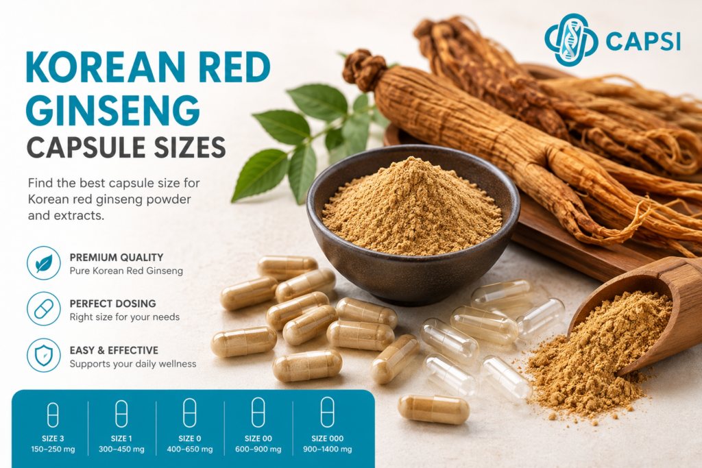 Korean red ginseng powder with empty capsules and capsule size guide
