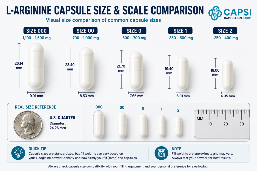 L-Arginine capsule size and scale comparison