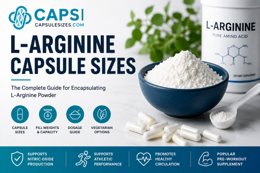 L-Arginine capsule sizes guide showing powder and empty capsules