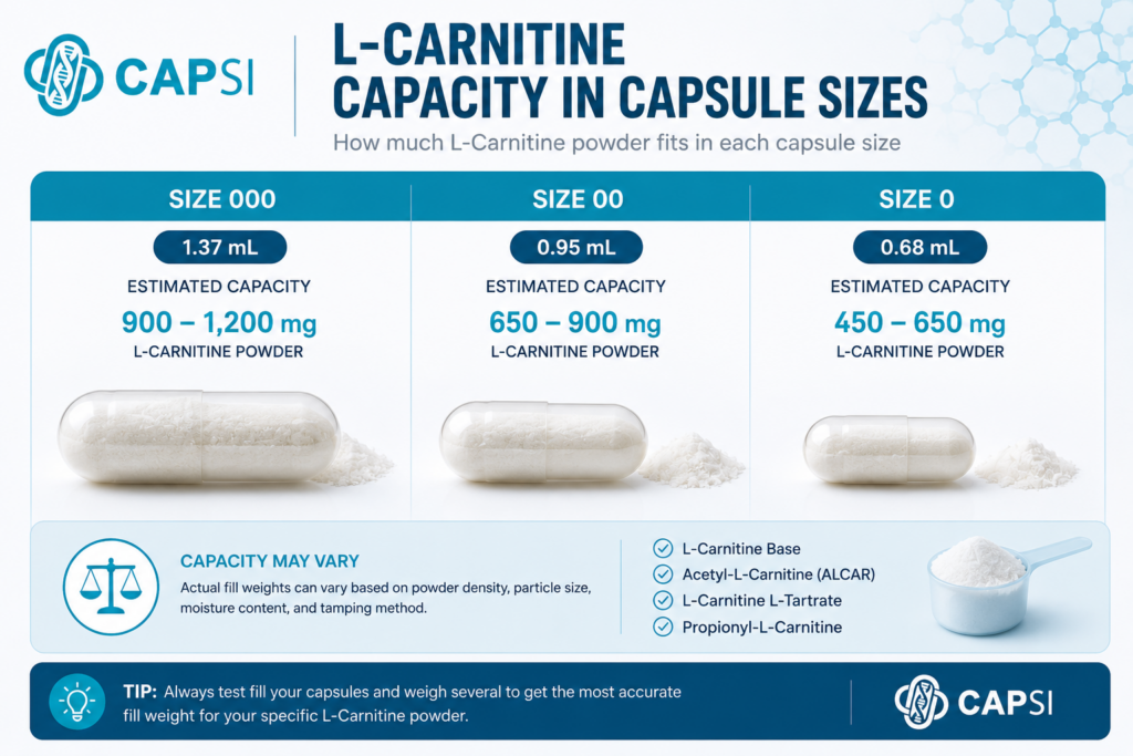 L-Carnitine powder capacity in capsule sizes 000 00 and 0